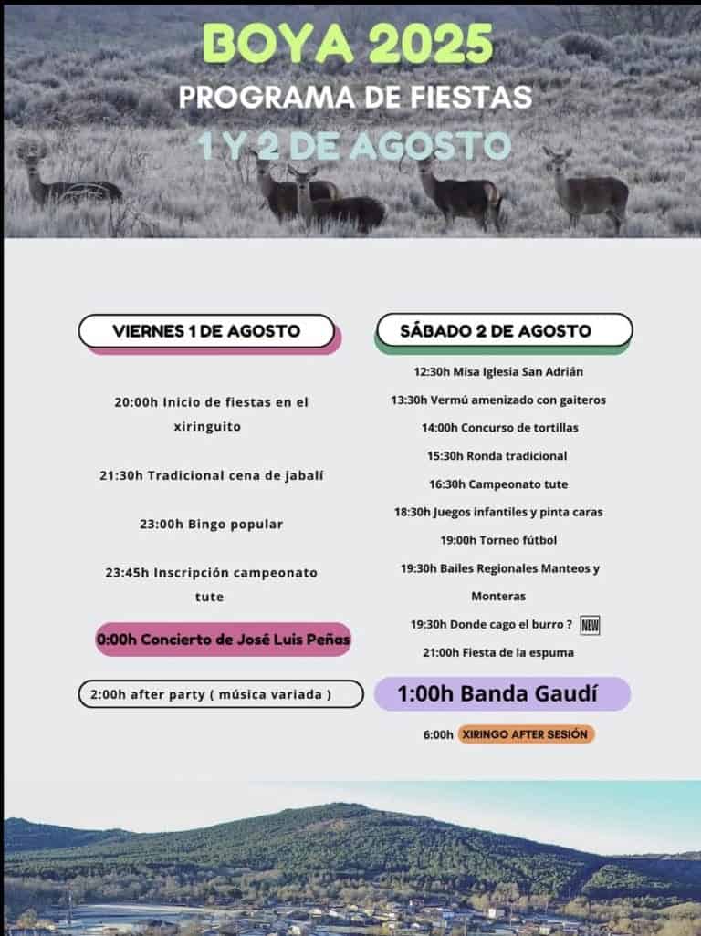🥳 BOYA 2025 – PROGRAMA DE FIESTAS 📅 1 y 2 de agosto ¡Dos días de fiesta, música, tradición y diversión para todas las edades!