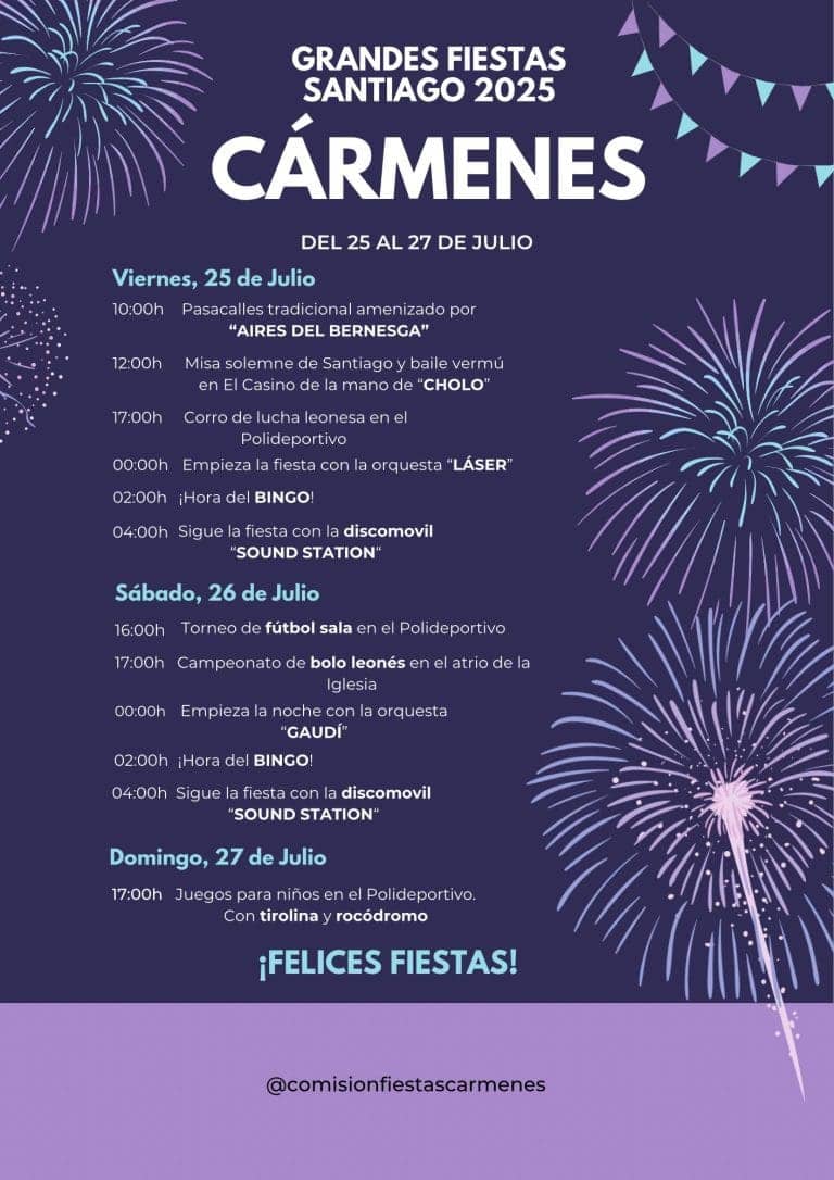🎉 Grandes Fiestas Santiago 2025 – Cármenes 📅 Del 25 al 27 de julio 📍 Cármenes (León)